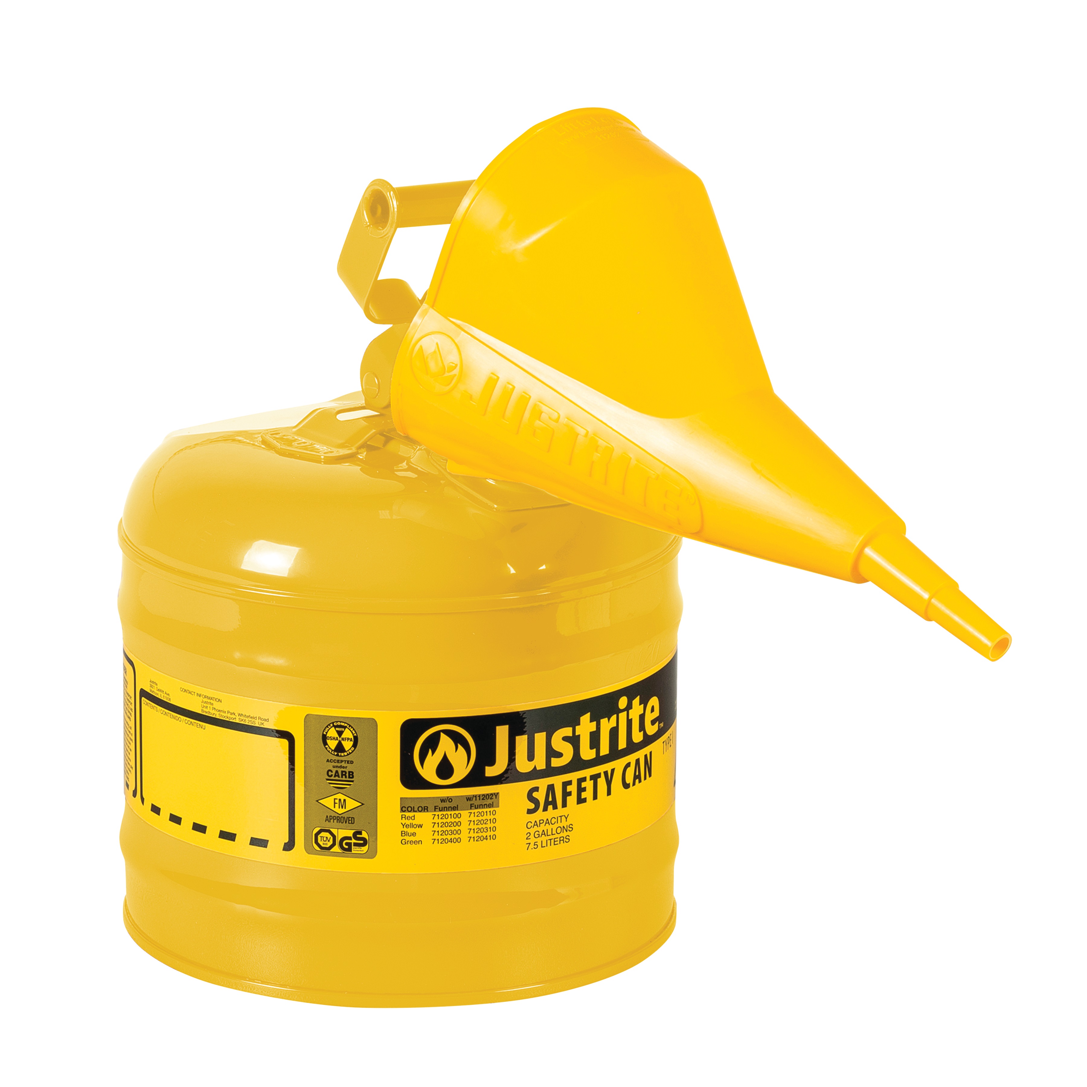 Justrite Swinging Handle Type 1 Safety Cans with Funnel Yellow - Spill Containment